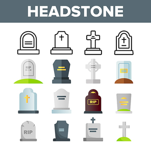 Headstone, Gravestone, Tombstone Vector Color Icons Set. Headstone, Granite Grave, Cross Linear Symbols Pack. Christian Burial Tradition. Cemetery, Graveyard Isolated Flat Illustrations