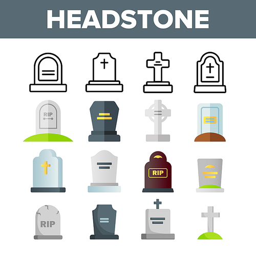 Headstone, Gravestone, Tombstone Vector Color Icons Set. Headstone, Granite Grave, Cross Linear Symbols Pack. Christian Burial Tradition. Cemetery, Graveyard Isolated Flat Illustrations