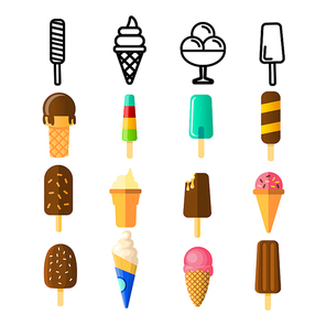 Ice Cream Icon Set Vector. Cream Cone. Chocolate Vanilla Food. Tasty Cold Frozen Dessert. Delicious. Line, Flat Illustration