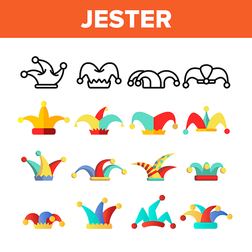 Funny Jester Hat Linear Vector Icons Set. Jester, Clown Caps with Bells Thin Line Contour Symbols Pack. Harlequin Costume Pictograms Collection. Circus, Medieval Carnival Flat Illustrations