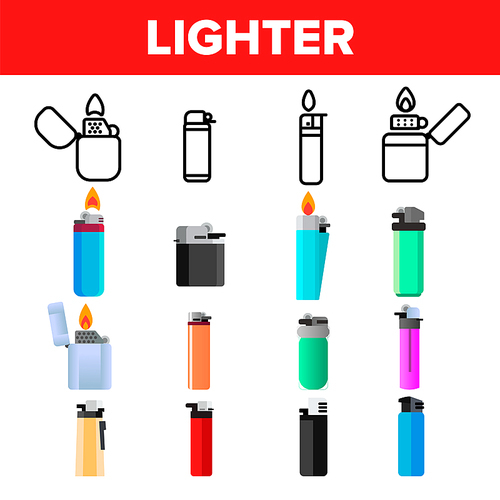 Lighter Icon Set Vector. Gas Tool. Tobacco Lighter Icons. Burning Object. Plastic Accessory. Flat Illustration