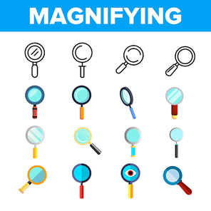 Magnifying Glass, Magnifiers Linear Vector Icons Set. Magnifying Search Tool Symbols Pack. Internet Searching Pictograms Collection. Flat Find Button Illustrations. Isolated Cartoon Design Elements