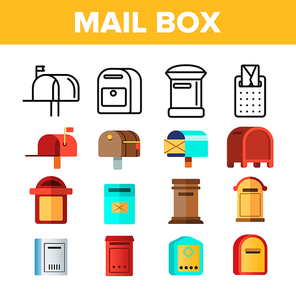 Mail Box, Post Linear And Flat Vector Icons Set. Mailboxes, Sending Letters, Correspondence Illustrations Collection. Email Delivery Services Logo Pack. Letterboxes Outline Isolated Symbols
