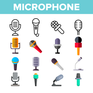 Microphone, Voice Recording Vector Color Icons Set. Retro, Vintage And Modern Microphone. Music Record Studio Logo. Sound Editing App Linear Symbols Pack. Professional Mic Isolated Flat Illustrations