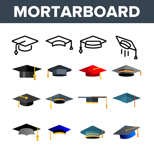Mortarboard, Academic Cap Vector Color Icons Set. Mortar Board, Education Linear Symbols Pack. University, School, College Graduation Ceremony. Bachelor, Masters Degree Isolated Flat Illustrations