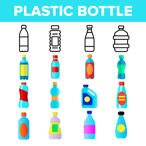 Plastic Water Bottle Linear Vector Icons Set. Plastic Containers Thin Line Contour Symbols. Water Packaging Pictograms Collection. Various Forms, Types of Bottles. Liquid Containers Flat Illustrations