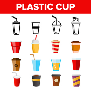 Disposable Plastic Cup Linear Vector Icons Set. Coffee To Go Cup Thin Line Contour Symbols Pack. Takeaway Beverage Pictograms Collection. Coffee, Ice Rea, Cola Mugs. Liquid Packaging