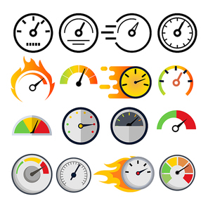 Speedometer Icon Set Vector. Speed Symbol. Auto Power. Automobile Interface. Transportation Element. Fast Indicator. Measure Progress Km. Line, Flat Illustration