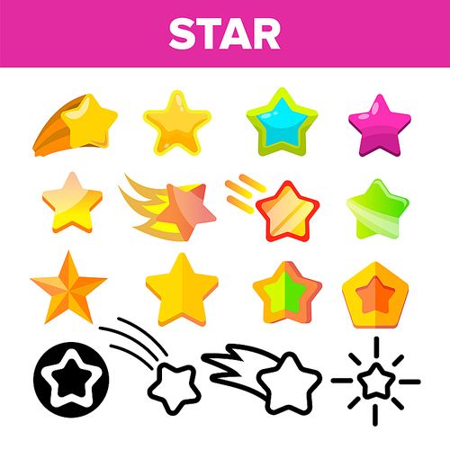 Star Icon Set Vector. Gold Bright Star Icons. Sky Cosmos Object. Rating Sign. Winner Shape. Flat Illustration