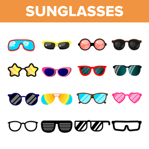 Sunglasses Icon Set Vector. Summer Beach Sunglasses Icons Silhouette. Elegance Wear. Sun Protection. Flat Illustration