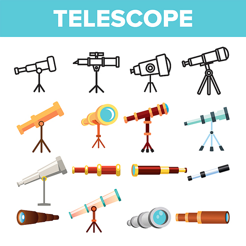 Telescope Icon Set Vector. Spyglass Discover Tool. Astronomy Science Magnify Instrument. Learning Universe. Planetarium Watching Lens. Flat Illustration