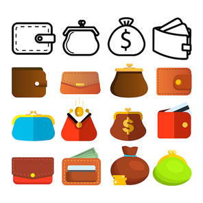 Wallet Icon Set Vector. Money Symbol. Purse Wallet Bag. Payment Sign. Finance Currency Design. Financial Market Object. Reatail Safe. Commerce Pay. Line, Flat Illustration