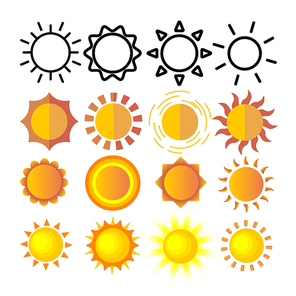 Yellow Sun Icon Set Vector. Sunset Sign. Sunrise Light. Summer Heat. Orange Ray. Season Object. Shiny Graphic. Line, Flat Illustration