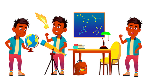 Astronomy, Astrophysics Student Vector Cartoon Characters Set. Astronomy Faculty, Space Exploration. Stars Observing. Young Astronomer, Scientist Studying, Looking At Telescope Flat Illustration