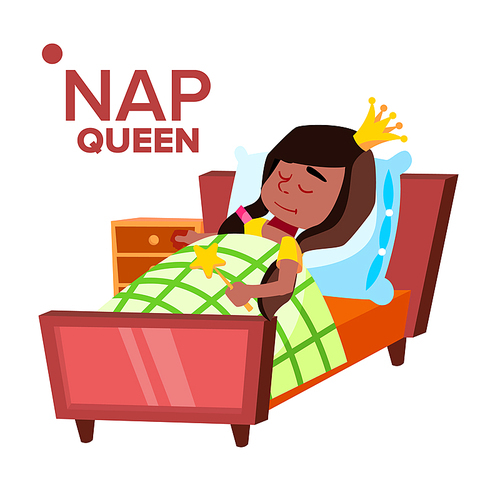 Napping Girl, Sleeping Child Vector Cartoon Character. Kid Wearing Crown Isolated Clipart. Little Princess, Queen Dreaming, Lying in Bed Design Element. Kindergarten, Nursery School Flat Illustration