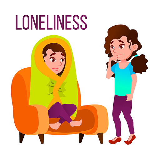Loneliness Cartoon Vector Poster Template With Text. Girl Alone, Loneliness, Depression, Sadness. Woman Sitting Under Blanket Isolated Clipart. Schizophrenia, Personality Disorder Flat Illustration