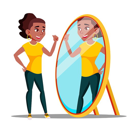 Character Woman Watch Mirror And Admires Vector. Narcissistic Girl Speaking With Reflection In Mirror, Self-confidence. Motivation Egotistical Concept. Isolated Flat Cartoon Illustration