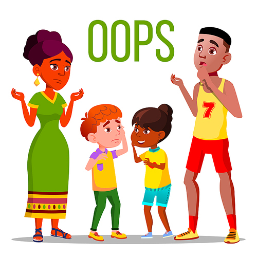 Problem Reaction, Oops Vector Word Concept Banner. People With Oops, Confused Face Expression Cartoon Characters. African American Woman Shrug, Kids Feeling Lost, Uncertain Man Flat Illustration