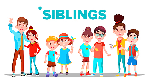 Siblings, Cheerful Brothers And Sisters Vector Banner Concept. Siblings, Family Relationship Hand Drawn Poster. Smiling Little Children And Teenagers Cartoon Characters. Happy Kids Flat Illustration