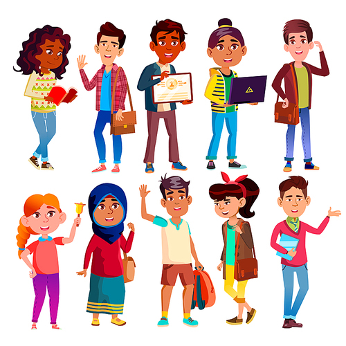Highschool Pupils, Teenagers Vector Cartoon Characters Set. Highschool Lifestyle, International Education, Happy Boys And Girls. Smiling College Friends, University Students Flat Illustrations Pack