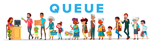 Long Queue In Food Store, Vector Banner Concept. Young And Old People Waiting In Queue, Line. Men, Women And Children Cartoon Characters. Shop Sale, Customer Service Flat Illustration