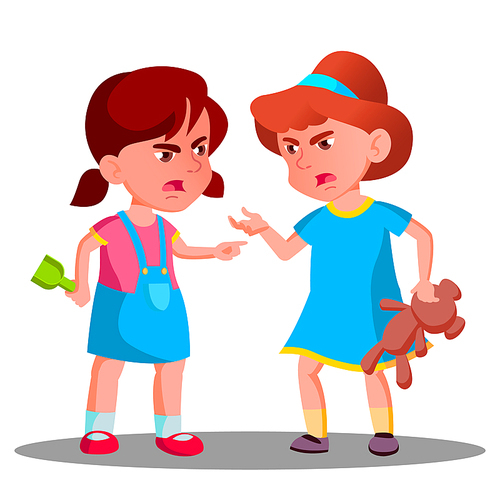 Argue Child Girls Vector. Argue People Concept. Quarrel Person On Playground. Conflict Problem. Illustration