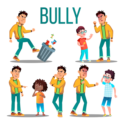 Bully Child Vector. Angry Bully Kid. Teenager Victim. Sad Boy, Girl Child Illustration