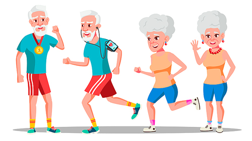 Jogger Old People Vector. Jogger Couple. Health Training. Illustration
