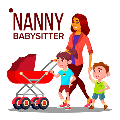 Nanny Woman Vector. Babysitter Nanny With Children. Care Family. Illustration