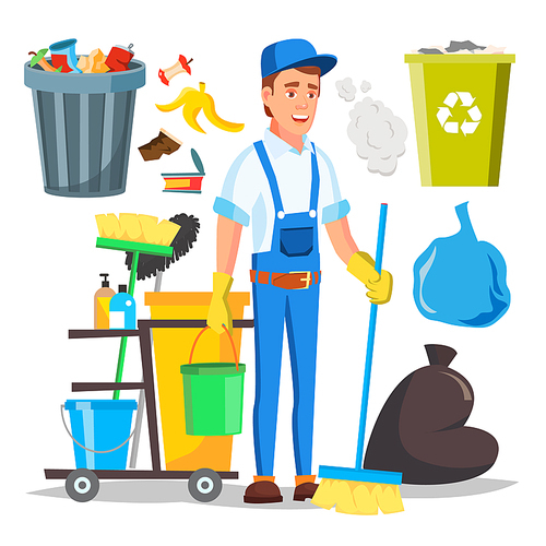Janitor Man Vector. Cleaner Janitor Worker In Uniform. Service. Illustration
