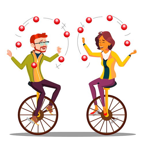Juggling People Vector. Man, Woman Juggling On Unicycle. Illustration