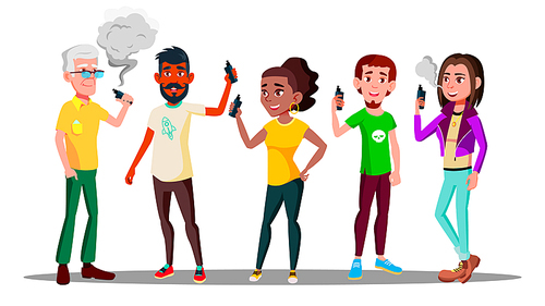 Vape People Vector. Person With Vaporizer Vaping Together. Hipster Addiction. Illustration