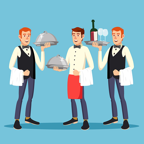 Butler Worker Vector. Man Butler Person In Uniform With Dish. Dinner Restaurant. Illustration