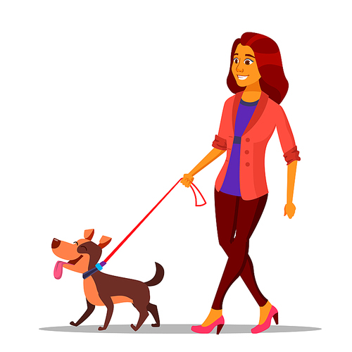 Leash Concept Vector. Woman Walking With Dog Leash. Illustration