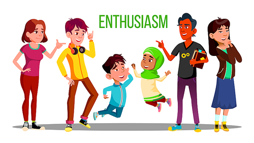 Enthusiastic Multiethnic Students, Adults, Children Vector Characters. Enthusiastic People Of Different Age, Race. Young Male Female Cartoon Teenagers. Arabic, European Kids Together Flat Illustration