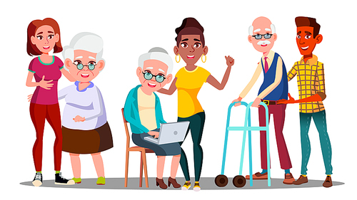 Caregivers, Volunteers, Grandparents, Grandkids Vector Cartoon Characters. Young Caregivers, Students, Teenagers Helping Elderly People. Senior Man, Woman with Children. Age Gap Flat Illustration