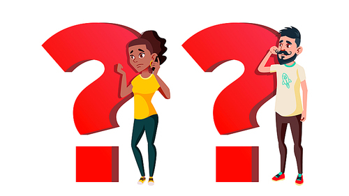 People Asking Question Vector Cartoon Characters Set. Question Mark Symbol Isolated Clipart. Puzzled Man And Woman Talking On Mobile Phone. Confused Young Girl And Boy Doubting Flat Illustration