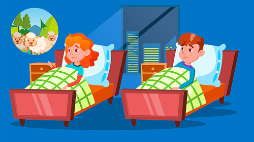 Children Having Insomnia Problem Cartoon Vector Characters. Little Girl Counting Sheeps In Bed. Brother And Sister Trying Falling Asleep At Night. Tired Exhausted Kids Awake Flat Illustration