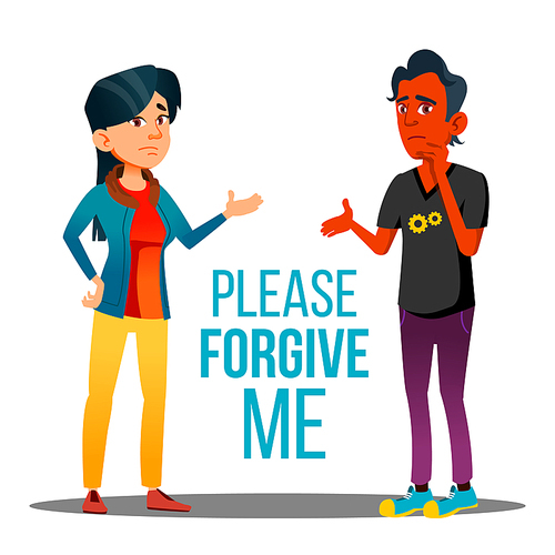 Man And Woman Asking Forgiveness Vector Cartoon Poster. Please Forgive Me Typography. Dark Skin Male And Asian Female Characters Arguing. People Talking, Communicating, Apologizing Flat Illustration