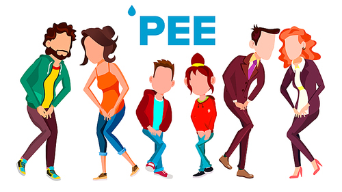 People Wants Pee Vector Banner Template With Text. Stressed Adults And Children Need Pee, Holding Crotch. Cartoon Characters in Public Restroom Queue Pack. Discomfort, Distress Flat Illustration