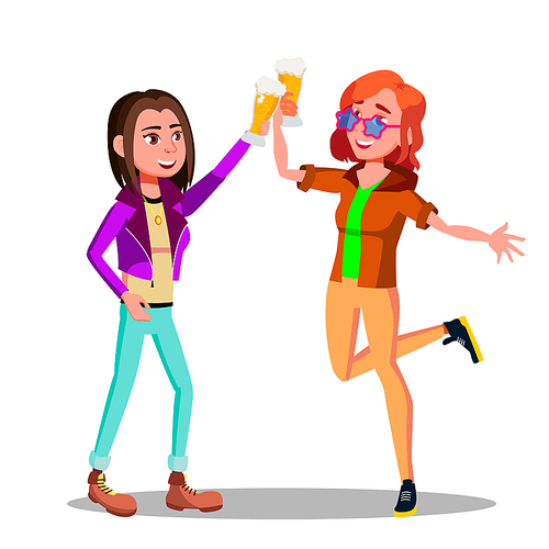 Girlfriends At Party Clinking Beer Glasses Vector Characters. Girls Clinking, Drinking Alcoholic Beverages In Night Club Clipart. Cheerful Friends Celebrating, Relaxing In Bar Flat Illustration