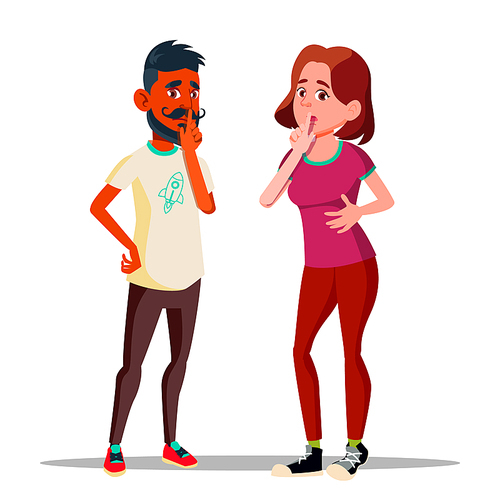 Man And Woman Showing Silence Gesture Vector Characters. People Asking Silence, Quiet Isolated Clipart. Lady And Guy Holding Finger On Lips Design Element. Secret, Shh Expression Flat Illustration