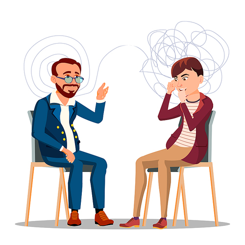 Patient At Psychiatry Counseling, Psychotherapy Cartoon Character. Therapy, Counseling Isolated Clipart. Psychology Consultation. Psychiatrist Helping Man With Mental Problems Flat Illustration