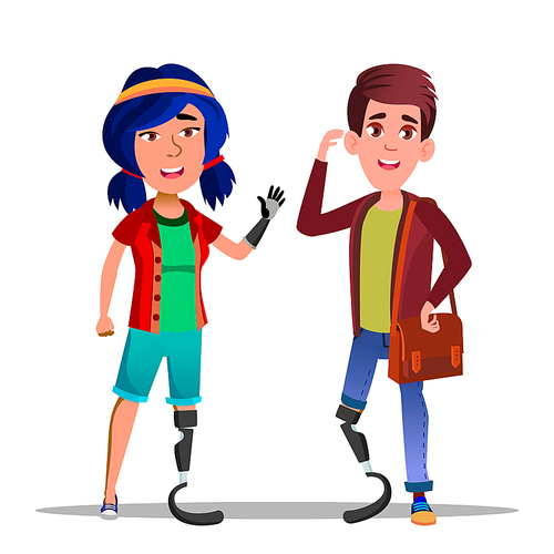 People With Bionic Legs Cartoon Vector Characters. Young Woman Waving With Bionic Arm Isolated Clipart. Disabled Adults Design Element. Modern Medicine. Man With Prosthesis Flat Illustration