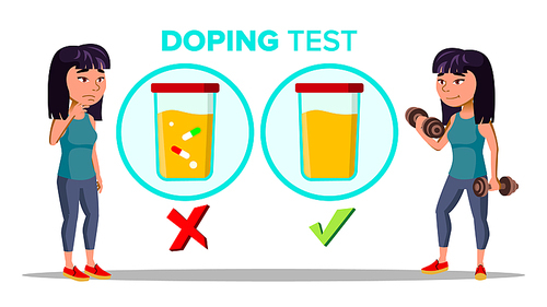 Doping, Drug Test Cartoon Vector Banner Template. Laboratory, Lab Doping Testing Isolated Clipart. Sportswoman Lifting Weights. Urine Samples. Female Character Training, Exercising Flat Illustration