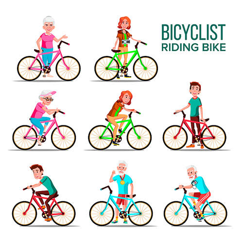Cyclists Riding Bicycles Vector Cartoon Characters Set. Grandmother, Grandfather, Teenagers Cyclists. Healthy Lifestyle Isolated Cliparts. Senior, Young People Outdoor Activities Flat Illustration