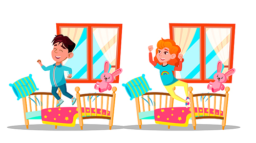 Children Waking Up Vector Cartoon Characters Set. Cheerful Kids Waking Up In Early Morning Isolated Cliparts Pack. Happy Boy And Girl Jumping On Beds. Siblings Room. Awakening Flat Illustration