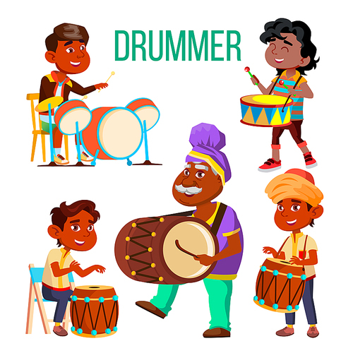 Drummers Using Ethnic Percussion Vector Characters Set. Cartoon Dark Skin Drummers Isolated Cliparts Pack. Teenager At Drum Kit. Musicians Playing African, Arabic, Indian Folk Music Flat Illustration