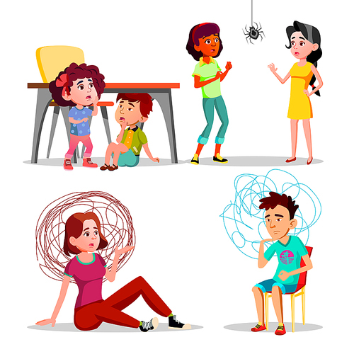 Phobia, Anxiety, Panic Attack, Depression Vector Set. Frightened, Stressed People With Phobia Cartoon Characters. Kids Hiding Under Table. Arachnophobia, Confused Man And Woman Flat Illustrations