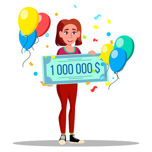 Character Happy Woman Holding Bank Check Vector. Lucky Female Won Jackpot In Lottery Check For One Million Dollars. Girl With Cheque, Balloons And Confetti Flat Cartoon Illustration